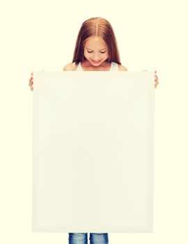 education and blank board concept - little girl with blank white board