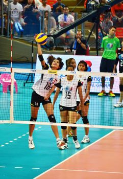 Bangkok, Thailand - July 3, 2015: Ajcharaporn Kongyot #18 of Thailand Warming up during the FIVB Volleyball World Grand Prix Thailand and Serbia at Indoor Stadium Huamark on July 3, 2015 in Bangkok, Thailand.