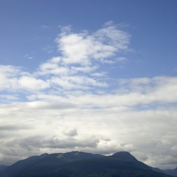 Tops of tree covered mountains agaisnt a cloudy sky