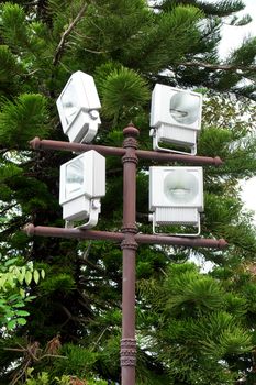 Group of outdoor halogen  spotlight mounted on tower