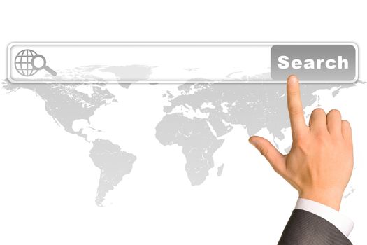 Businessmans hand on white background with browser and world map