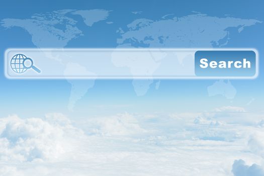 Nature blue sky background with clouds and browser, world map