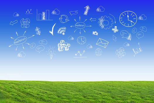 Abstract background with green grass and different symbols