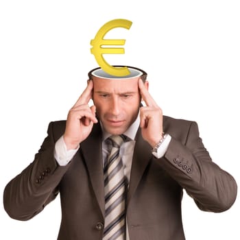 Thoughtful businessman looking down and euro sign in his head on isolated white background