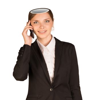 Businesslady with empty head, looking at camera and talking on phone on isolated white background