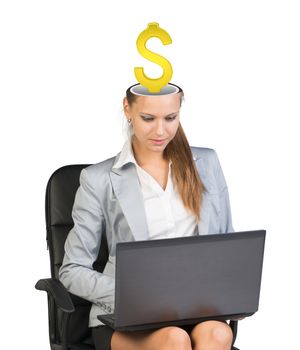 Sitting businesslady with dollar sign in her head and holding laptop on isolated white background