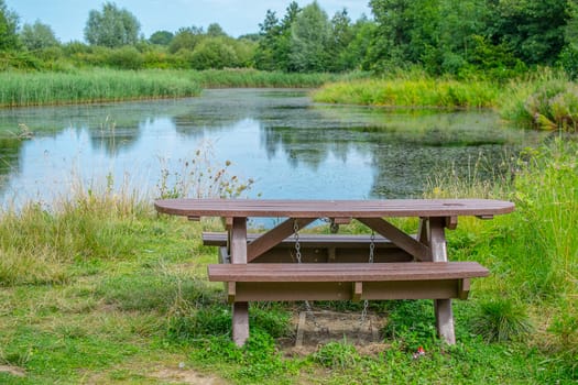 picnic bench in a rural setting next to a lake in summer