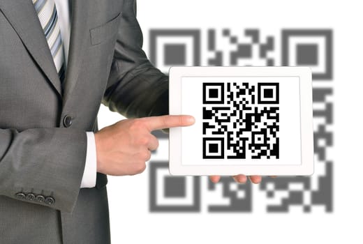Businessman holding picture with QR-code on isolated white background with code