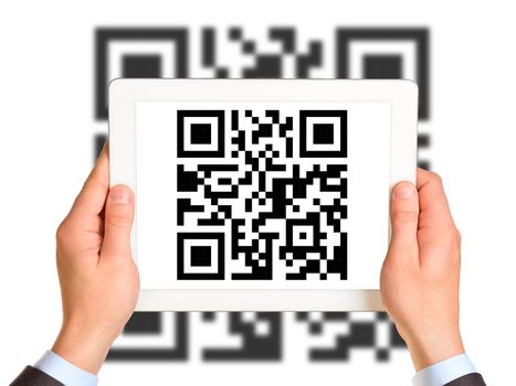 Businessmans hands holding picture with QR-code on isolated white background with code