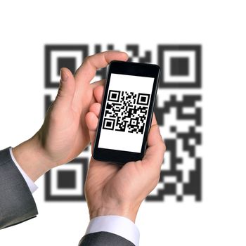 Businessmans hands holding smartphone with QR-code on isolated white background with code