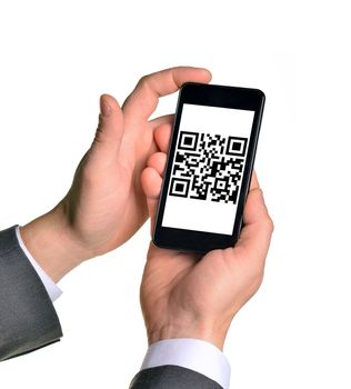 Businessmans hands holding smartphone with QR-code on isolated white background