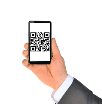 Businessmans hand showing smartphone with QR-code on isolated white background 