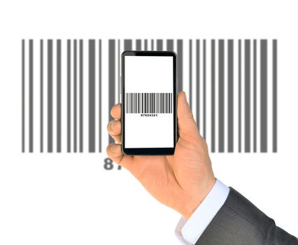 Businessmans hand holding smartphone with UPC code on isolated white background with code