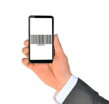 Businessmans hand holding smartphone with UPC code on isolated white background 