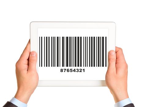 Businessmans hands holding picture with UPC code on isolated white background 