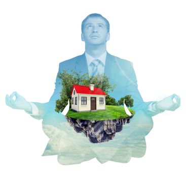 Transparent silhouette of businessman in lotus posture and looking up on isolated white background