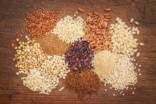 gluten free grains (buckwheat, amaranth, brown rice, millet, sorghum, teff,  red, black and white quinoa)  on rustic wood - top view