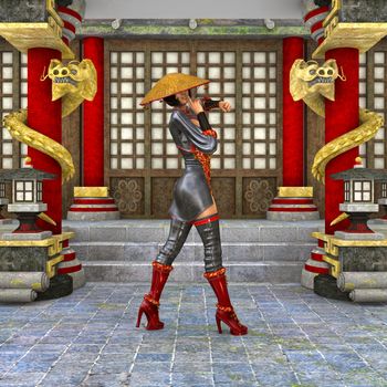 3D digital render of a beautiful Asian battle woman on a traditional temple background