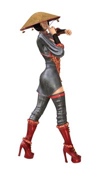 3D digital render of a beautiful Asian battle woman isolated on white background