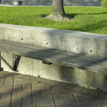 An urban bench near a brick path backed by concrete, green grass and a tree bottom