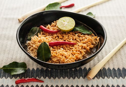 Hot spicy noodle with herb for healhty