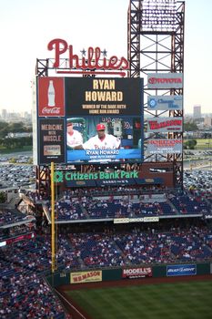 Star home run hitter Ryan Howard displayed on the scoreboard at Citizen's Bank Park, the Phillies home ballpark.