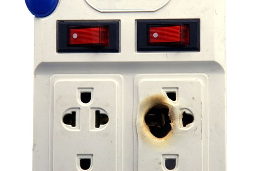 Dirty melted and burned electric outlet plug on white background