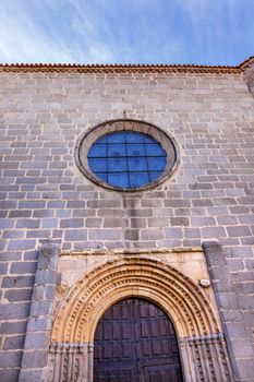 San Juan Bautista Church Door Avila Castile Spain.  Parroquia de San Juan Bautista.  Gothic church built in the 1500s.  Avila is a an ancient walled medieval city in Spain.