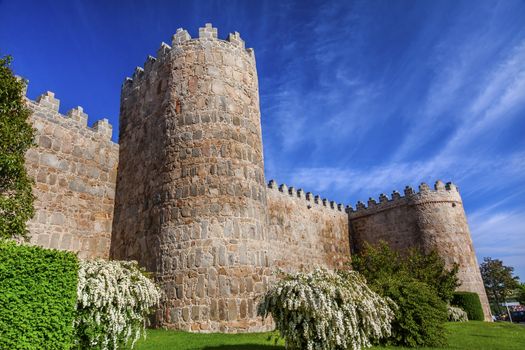 Walls Turrets Arch Castle Avila Castile Spain.  Described as the most 16th century town in Spain.  Walls created in 1088 after Christians conquer and take the city from the Moors  