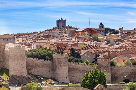 Avila Ancient Medieval City Walls Castle Swallows Castile Spain.  Avila is described as the most 16th century town in Spain.  Walls created in 1088 after Christians conquer and take the city from the Moors  