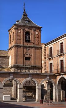 Plaza Mayor Tower Arches Avila Castile Spain.  Described as the most 16th century town in Spain.  Walls created in 1088 after Christians conquer and take the city from the Moors.  Inquisition site.  