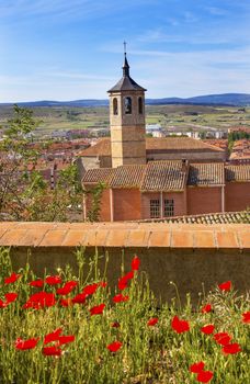 Convent Santa Maria, Convento de Santa Maria de Gracia Red Poppies Swallows Avila Ancient Medieval City Castile Spain.  Convent was founded in the 1500s by Lady Maria Mencia de San Agustin Avila is described as the most 16th century town in Spain. 