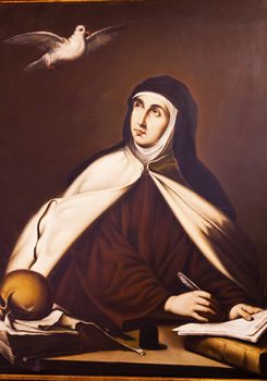 Saint Teresa Painting Convento de Santa Teresa Avila Castile Spain.  Convent founded in 1636 for Saint Teresa, Catholic nun, Counterreformation author, and Spanish mystic, who founded the Carmelite order. Died in 1582 and made a saint in 1614.