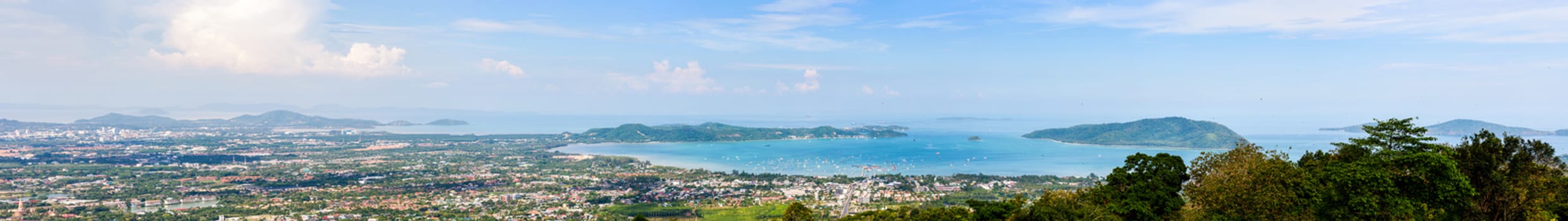 High angle view beautiful panorama landscape of Ao Chalong bay and city sea side in Phuket Province, Thailand