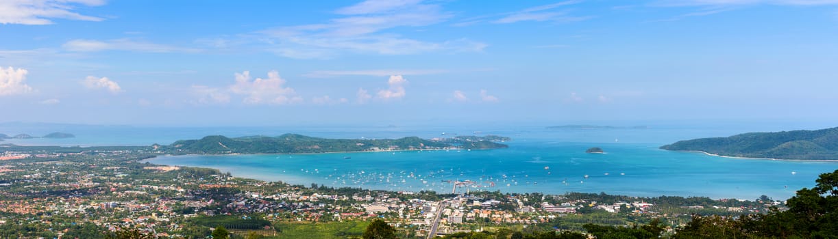 High angle view beautiful panorama landscape of Ao Chalong bay and city sea side in Phuket Province, Thailand