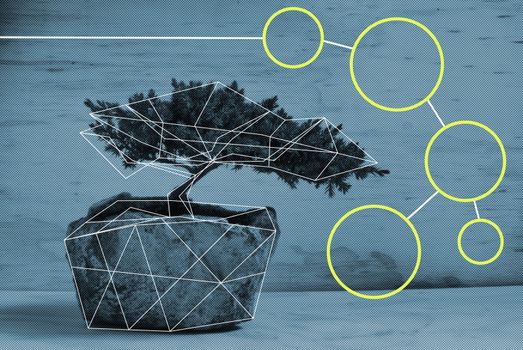 Edited photograph of a bonsai tree with a polygonal structure