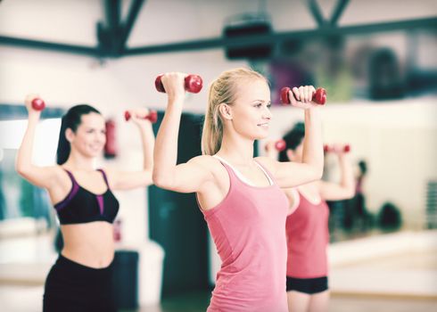 fitness, sport, training, gym and lifestyle concept - group of smiling women working out with dumbbells in the gym