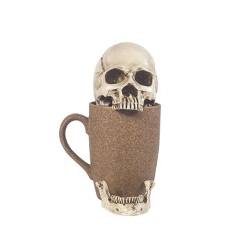 human skull in coffee cup on white background