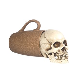 human skull in coffee cup on white background
