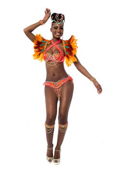 Cheerful samba woman dancing on white background