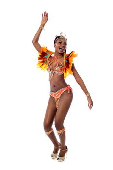 Samba woman dancer celebrating on white background