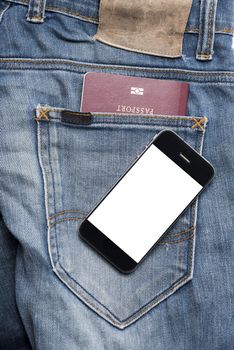 passport in jean pocket with smart phone