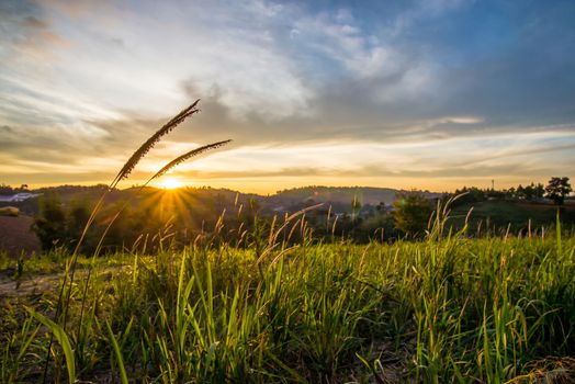 Sunrise in the morning, surrounded by mountains and meadows.