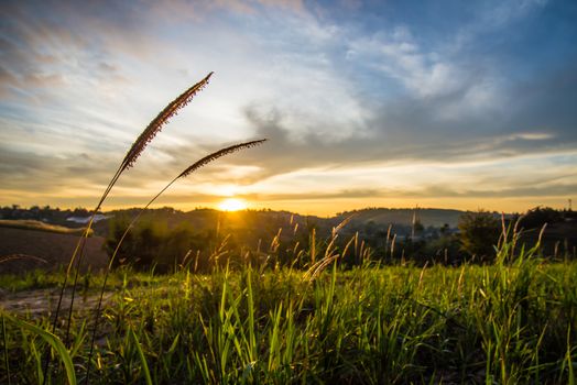 Sunrise in the morning, surrounded by mountains and meadows.