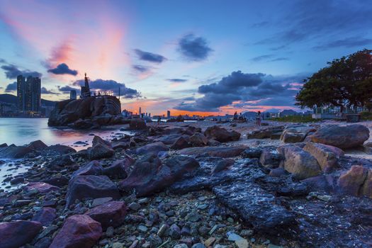 Sunset at rocky shore in Hong Kong