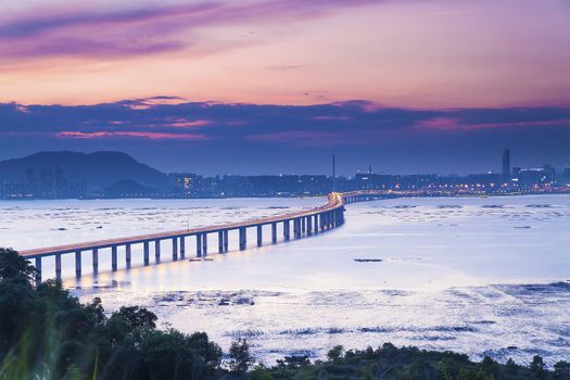 Sunset coast with Shenzhen bridge in Hong Kong