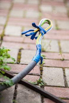 Three-phase electrical wires with electrical tape with a voltage of 360