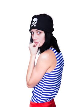 girl in a pirate costume for the holiday, isolated on white background