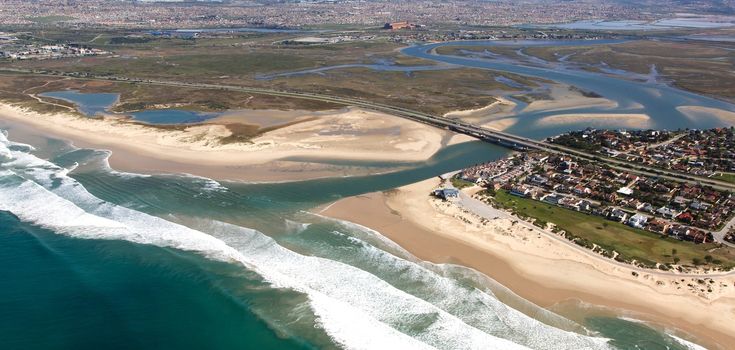 Aerial view of Swartkops River mouth and estuary in South Africa