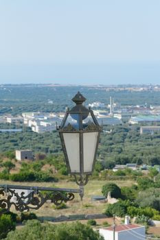 streetlight town with panoramic background and sky blue